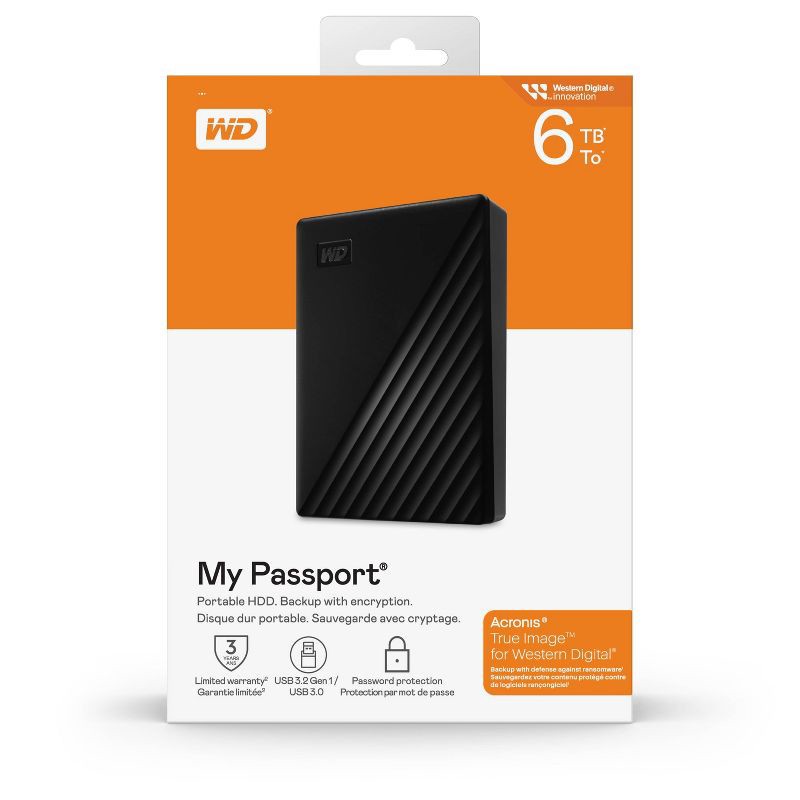 slide 3 of 6, Western Digital My Passport 6TB - Black: USB-Powered HDD, Password Protected, 1 ct