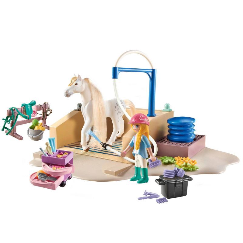 slide 1 of 9, PLAYMOBIL Washing Station with Isabella and Lioness: ABS Material, Fine Motor Skills, 86 Pieces Building Set, 86 ct