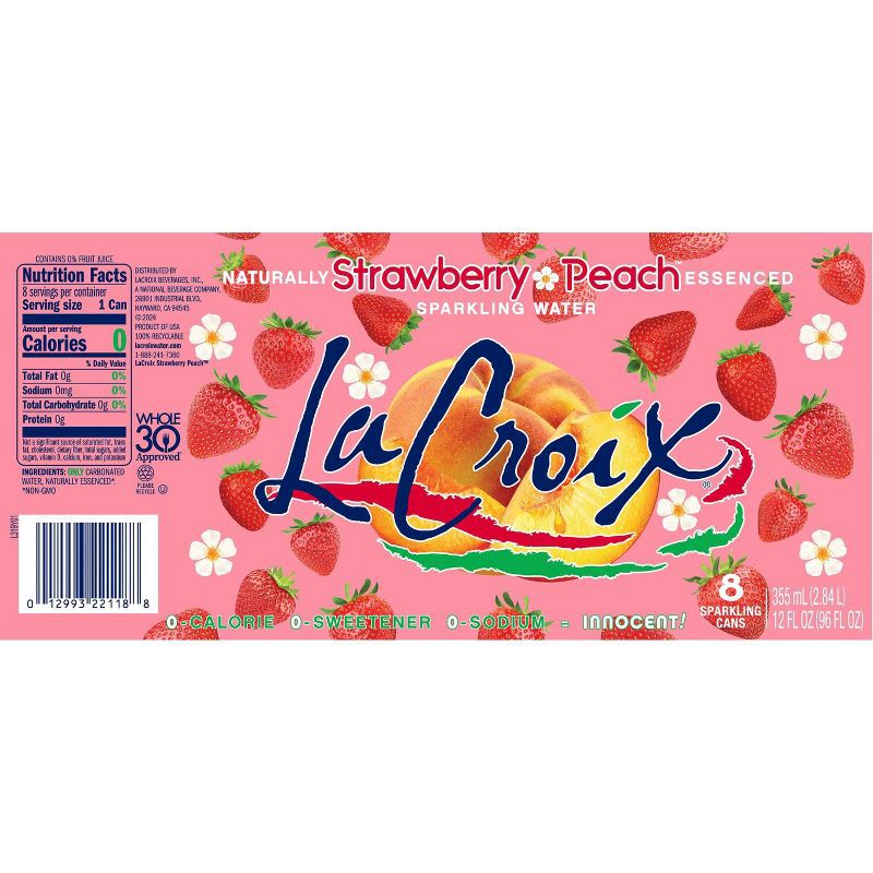 slide 7 of 7, LaCroix Strawberry Peach Sparkling Water - 8pk/12 fl oz Cans, 8 ct; 12 fl oz