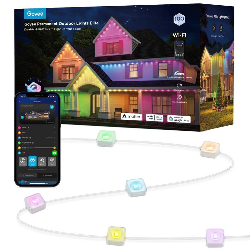 slide 12 of 14, Govee 100ft RGBICW White Permanent Outdoor Lights Elite: LED String Lights, 72 Counts, 100 ft, 72 ct