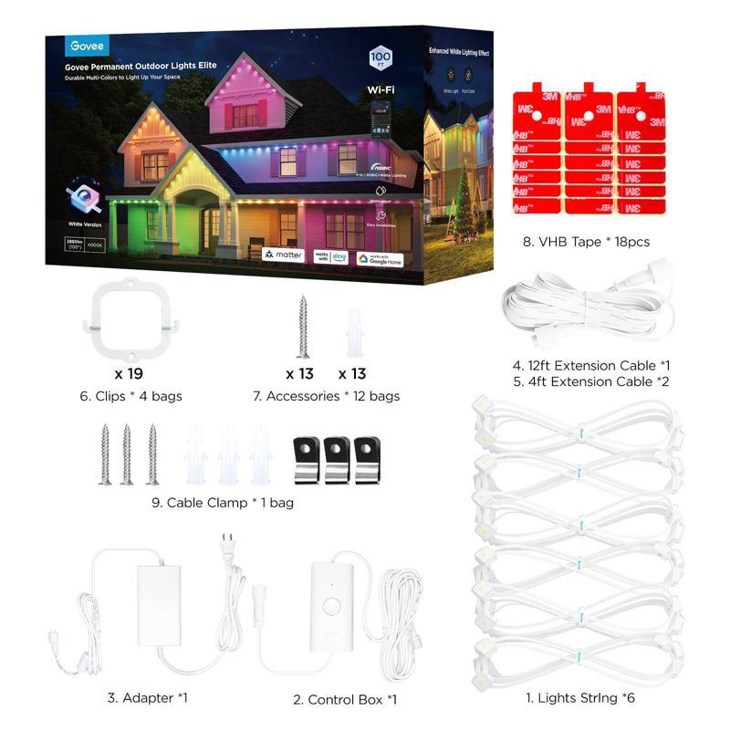 slide 13 of 14, Govee 100ft RGBICW White Permanent Outdoor Lights Elite: LED String Lights, 72 Counts, 100 ft, 72 ct