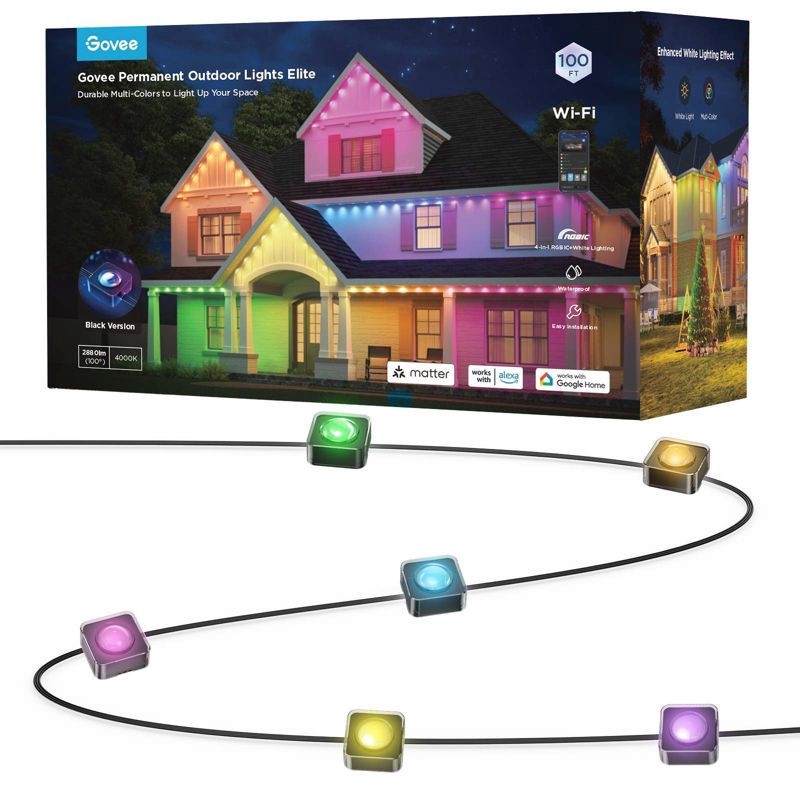 slide 1 of 9, Govee 100ft RGBICW Black Permanent Outdoor Lights Elite: Multicolored LED String Lighting, 100 ft
