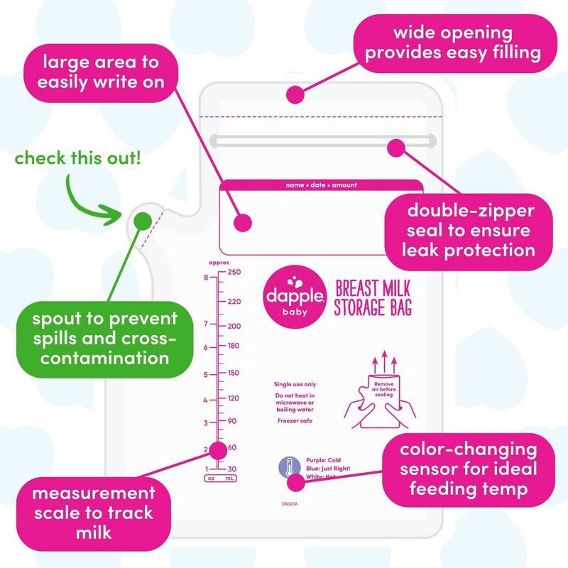 slide 3 of 9, Dapple Temp-Sensing No Leak Breast Milk Storage Bag with Easy Pour Spout - 50ct, 50 ct