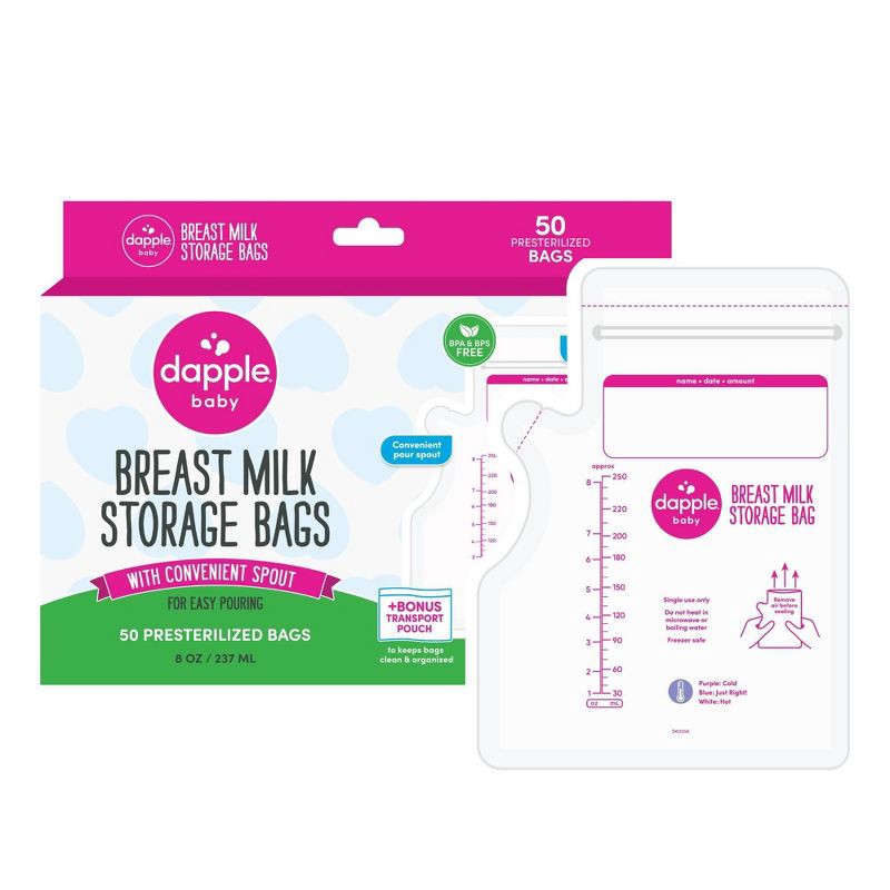 slide 1 of 9, Dapple Temp-Sensing No Leak Breast Milk Storage Bag with Easy Pour Spout - 50ct, 50 ct
