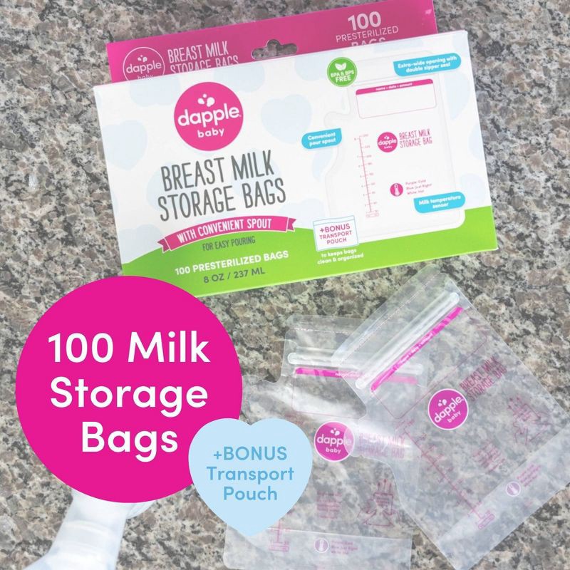 slide 2 of 9, Dapple Temp-Sensing No Leak Breast Milk Storage Bag with Easy Pour Spout - 100ct, 100 ct
