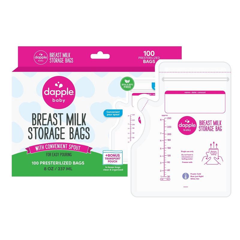 slide 1 of 9, Dapple Temp-Sensing No Leak Breast Milk Storage Bag with Easy Pour Spout - 100ct, 100 ct