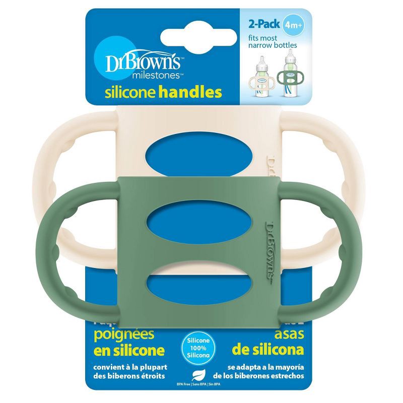 slide 2 of 16, Dr. Brown's Milestones 100% Silicone Narrow Baby Bottle Handles in Green and Beige - 2pk, 2 ct