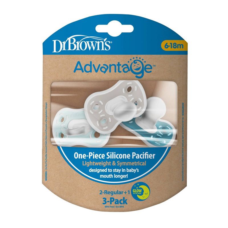slide 2 of 15, Dr. Brown's Advantage One-Piece Lightweight Silicone Pacifier Stage Two, with one Glow-in-the-Dark Pacifier - 3pk, 3 ct