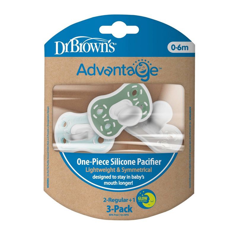 slide 2 of 18, Dr. Brown's Advantage One-Piece Lightweight Silicone Pacifier Stage One, with one Glow-in-the-Dark Pacifier - 3pk, 3 ct