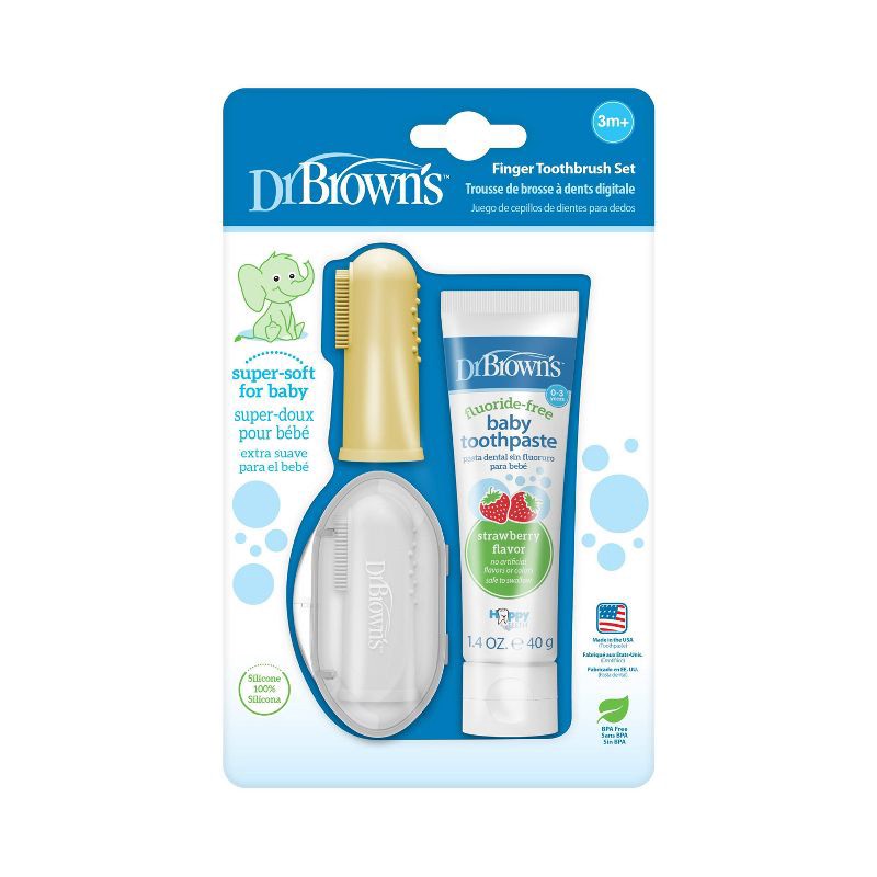 slide 2 of 9, Dr. Brown's 100% Silicone Baby Finger Toothbrush and Fluoride-Free Strawberry Toothpaste Set with Storage Case - Gray & Yellow - 3pc, 3 ct