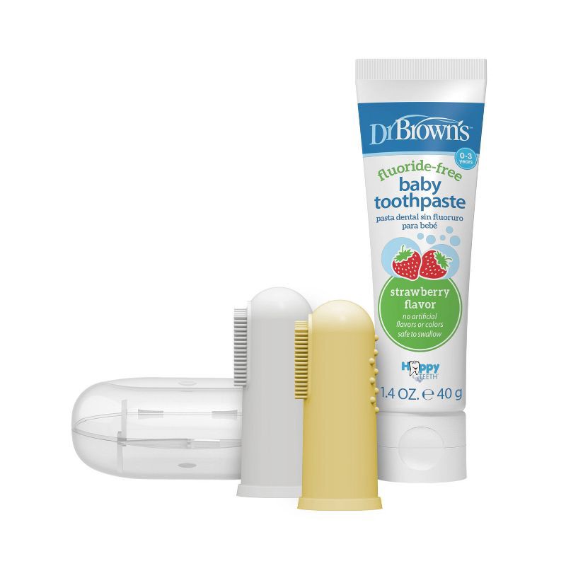 slide 1 of 9, Dr. Brown's 100% Silicone Baby Finger Toothbrush and Fluoride-Free Strawberry Toothpaste Set with Storage Case - Gray & Yellow - 3pc, 3 ct