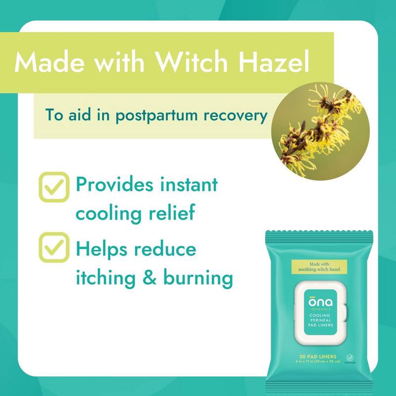 slide 3 of 8, Ona Renewals Postpartum Cooling Perineal Pad Liners Made with Witch Hazel & No Peppermint - 30ct, 30 ct