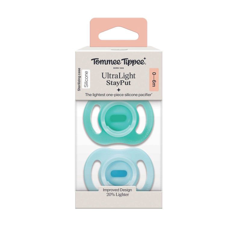 slide 8 of 8, Tommee Tippee UltraLight Stay Put Silicone Pacifier 0-6m - Light Blue & Green - 2pk, 2 ct