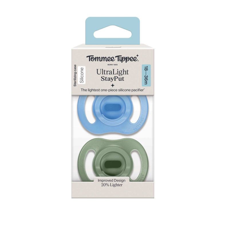 slide 8 of 8, Tommee Tippee UltraLight Stay Put Silicone Pacifier 18-36m - Blue & Green - 2pk, 2 ct