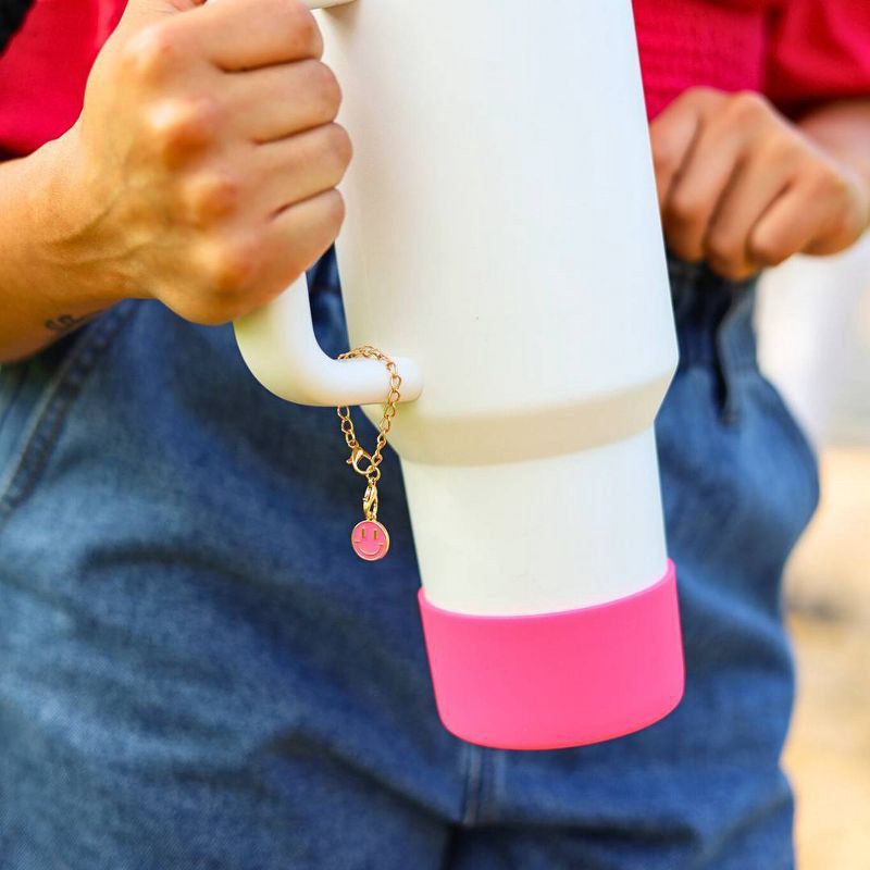 slide 4 of 8, CharCharms Handle Charms Smiley Face: Zinc Alloy Straw Topper for Teen Drinkware Accessories, Pink, 1 ct