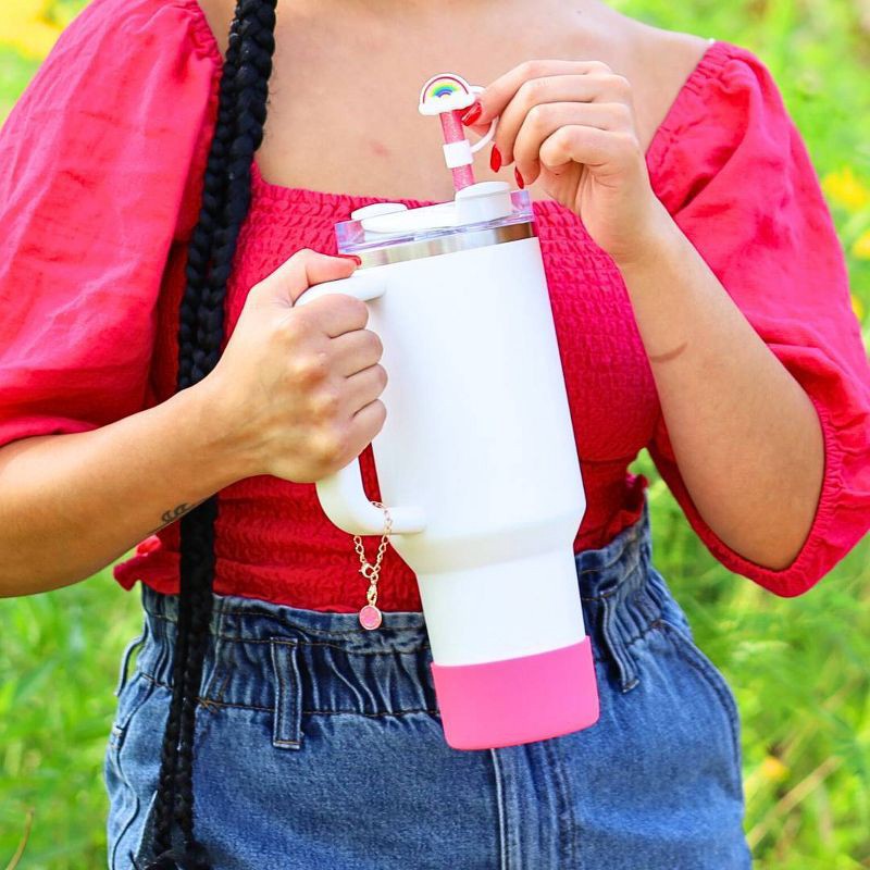 slide 5 of 8, CharCharms Handle Charms Smiley Face: Zinc Alloy Straw Topper for Teen Drinkware Accessories, Pink, 1 ct