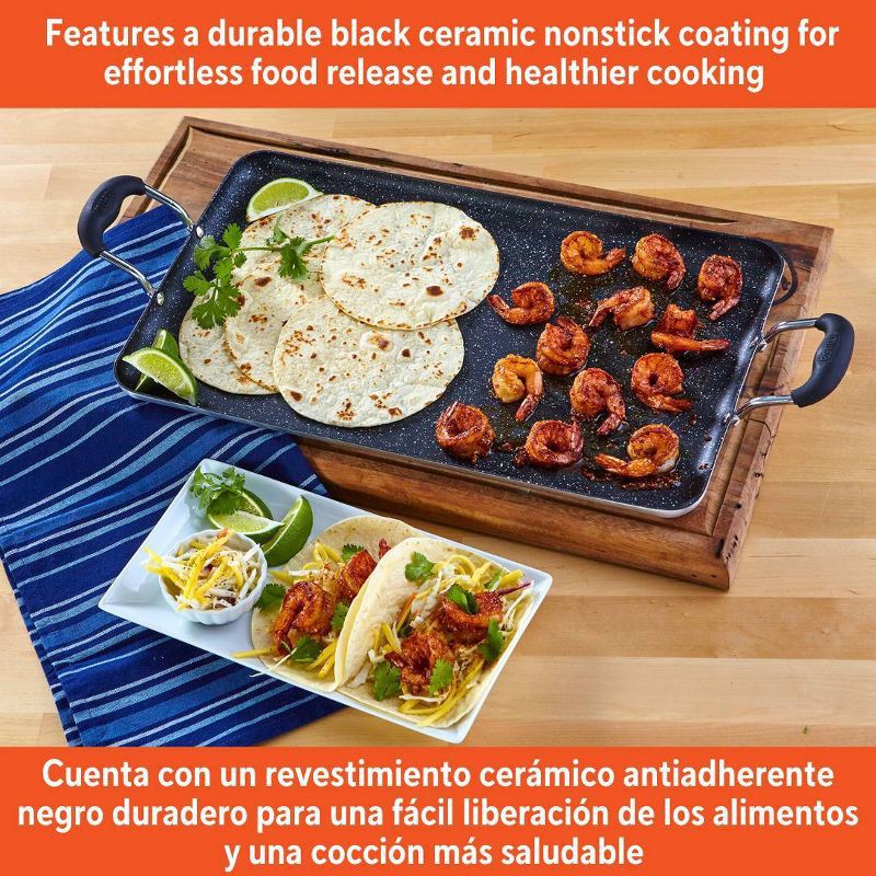 slide 4 of 6, IMUSA 17"x10"Ceramic Double Burner Griddle Black: Stovetop Griddle, Aluminum, Hand Wash, Electric & Gas Compatible, 1 ct