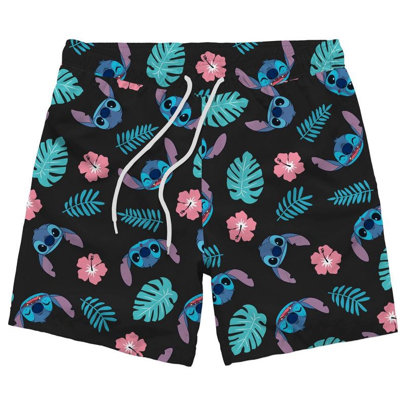 slide 1 of 3, Disney Men's 7" Stitch Leaf Print Swim Shorts - Black XXL, 1 ct