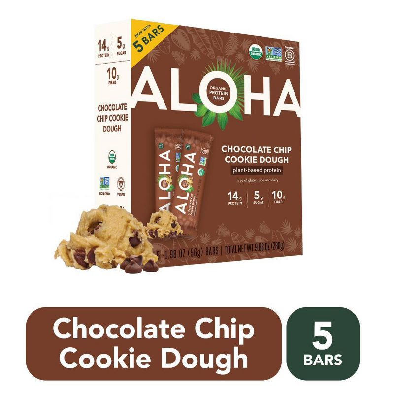 slide 1 of 6, ALOHA Chocolate Chip Cookie Dough Plant-Based Protein Bars - 14g Protein - 9.88oz/5ct, 9.88 oz, 5 ct