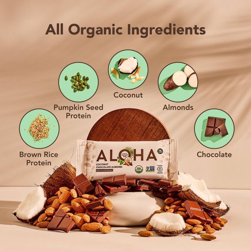 slide 4 of 7, ALOHA Coconut Chocolate Almond Plant-Based Protein Bars - 14g Protein - 9.88oz/5ct, 9.88 oz, 5 ct