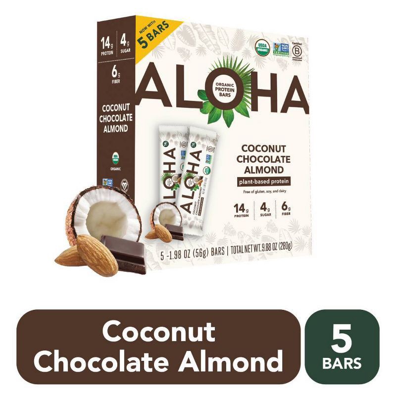 slide 1 of 7, ALOHA Coconut Chocolate Almond Plant-Based Protein Bars - 14g Protein - 9.88oz/5ct, 9.88 oz, 5 ct