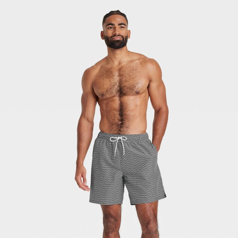 slide 3 of 3, Men's 7" Swim Shorts - Goodfellow & Co™ Black XXL: Geometric Pattern, Mesh Liner, UPF 50+ Protection, 1 ct