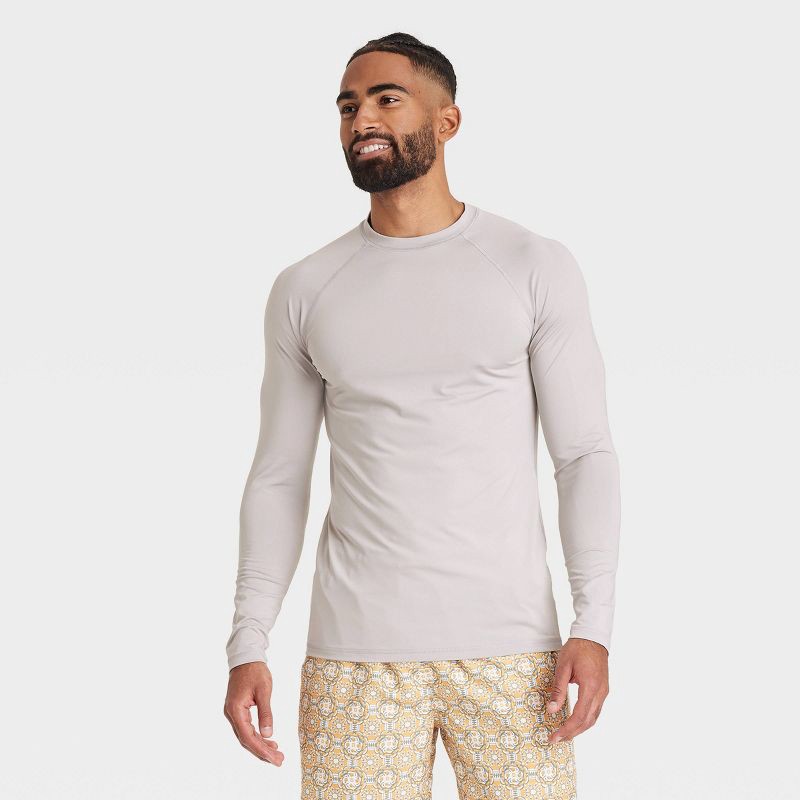 slide 3 of 3, Men's Long Sleeve Rash Guard Top - Goodfellow & Co™ Gray M: UPF 50+, Fit, Recycled Polyester, 1 ct
