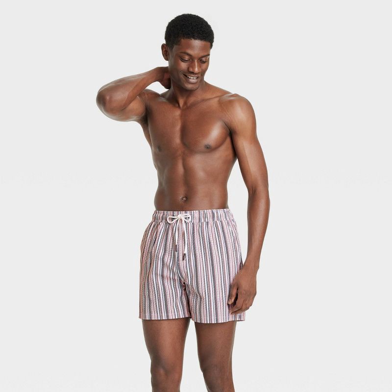 slide 3 of 4, Men's 5" Swim Trunks with Boxer Brief Liner - Goodfellow & Co™ Cream Stripe S: Recycled Polyester, UPF 50+, Elastic Waistband, 1 ct