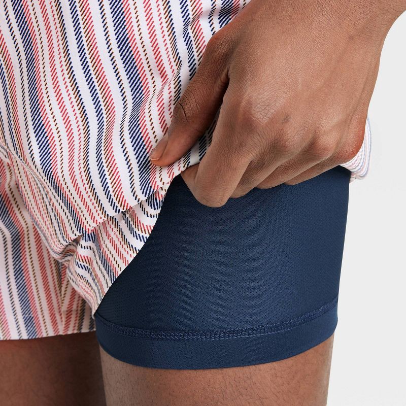 slide 4 of 4, Men's 5" Swim Trunks with Boxer Brief Liner - Goodfellow & Co™ Cream Stripe S: Recycled Polyester, UPF 50+, Elastic Waistband, 1 ct