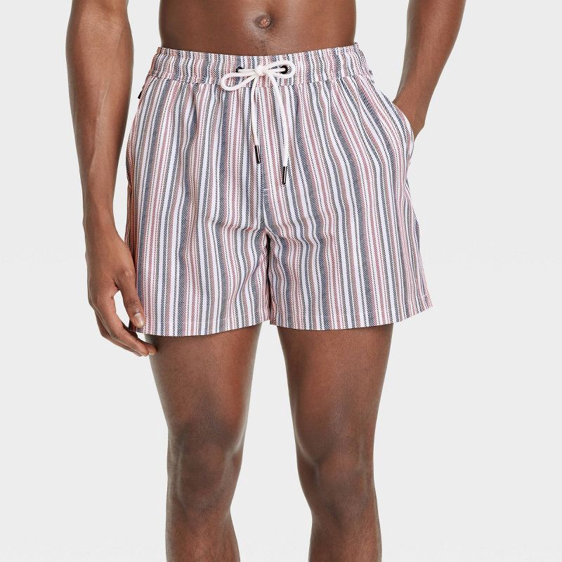 slide 1 of 4, Men's 5" Swim Trunks with Boxer Brief Liner - Goodfellow & Co™ Cream Stripe S: Recycled Polyester, UPF 50+, Elastic Waistband, 1 ct