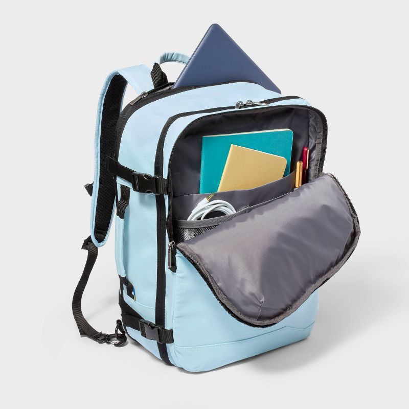 slide 3 of 7, 40L Travel Backpack With Expansion - Open Story™ Blue: Water-Resistant Twill Material, 40 liter