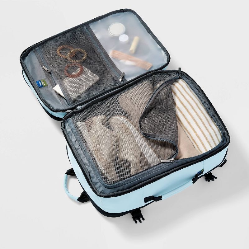 slide 4 of 7, 40L Travel Backpack With Expansion - Open Story™ Blue: Water-Resistant Twill Material, 40 liter