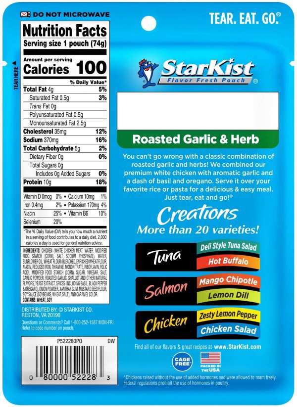 slide 5 of 5, StarKist Chicken Creations Roasted Garlic & Herb Premium White Chicken in Sauce - 2.6 oz, 2.6 oz