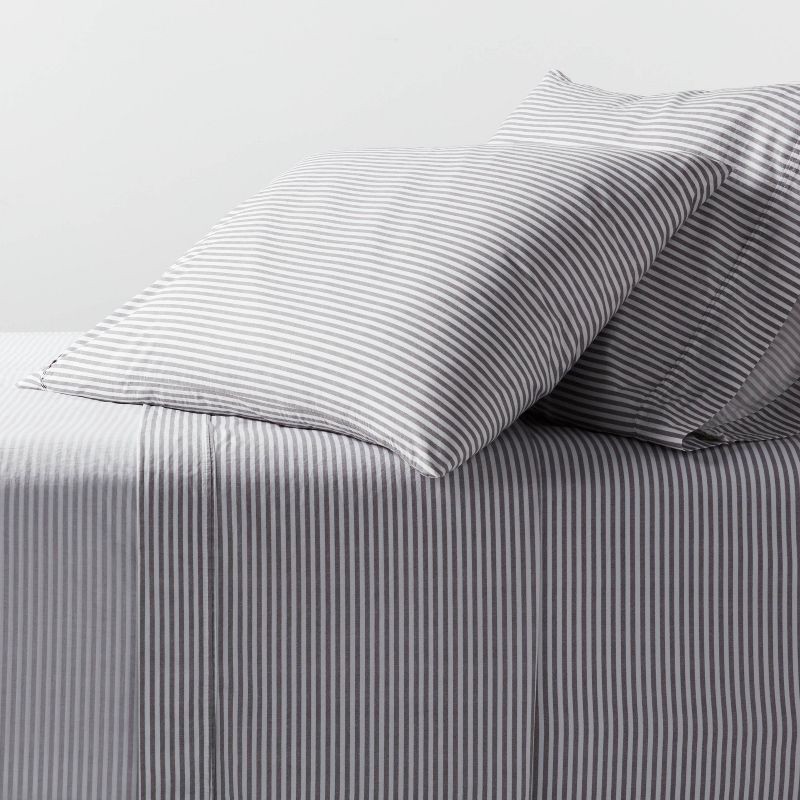 slide 1 of 4, Queen Organic Percale Sheet Set Charcoal/White Stripe - Threshold™, 1 ct