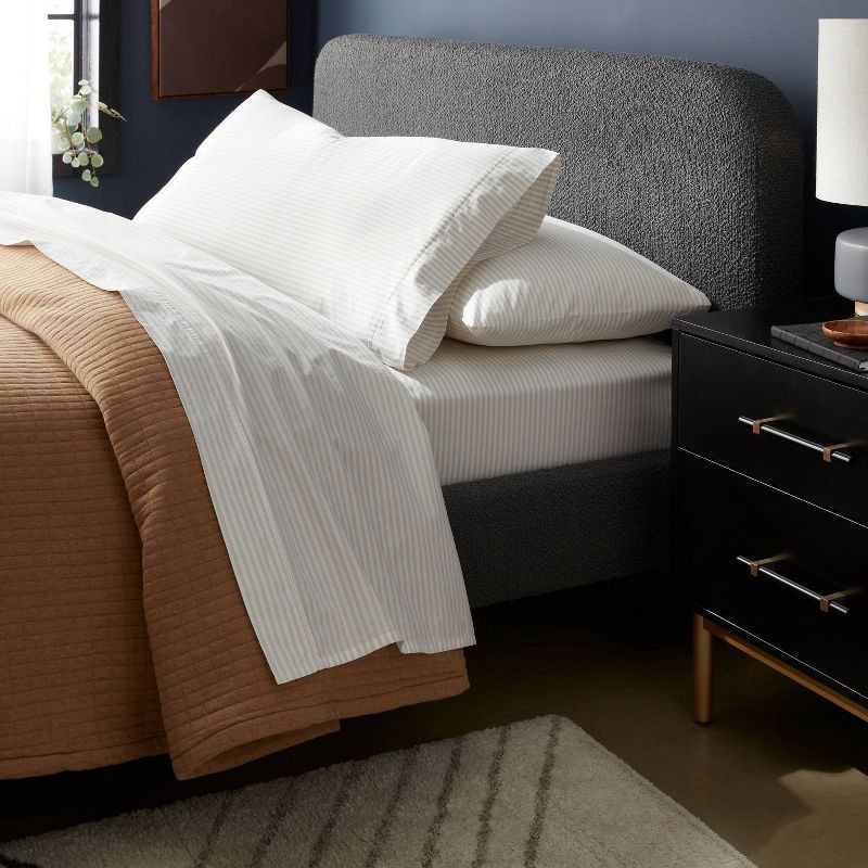 slide 2 of 4, Queen Organic Percale Sheet Set Khaki/White Stripe - Threshold™, 1 ct