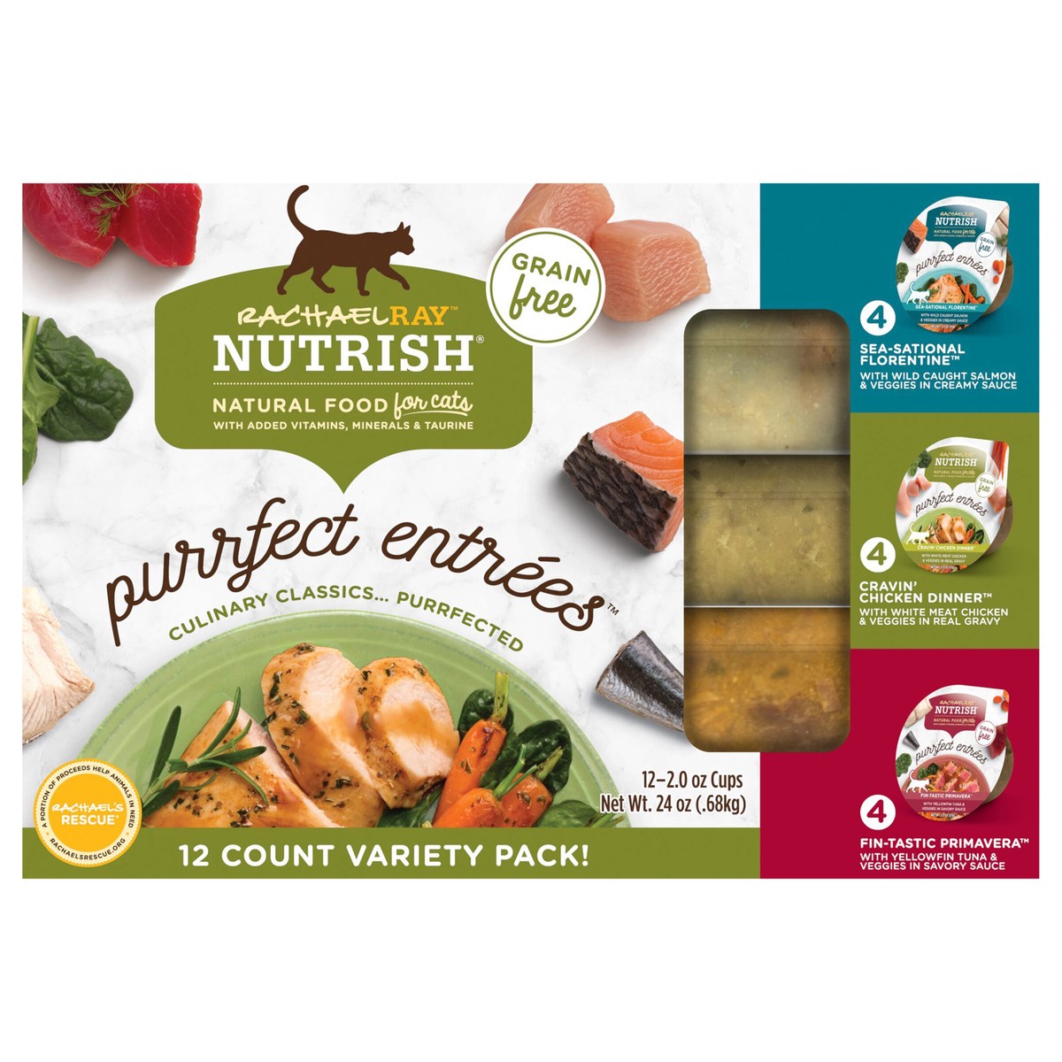 slide 1 of 13, Rachael Ray Nutrish Purrfect Entrees Grain Free Natural Wet Cat Food Variety Pack, 2.0oz tubs (Pack of 24), 12 ct