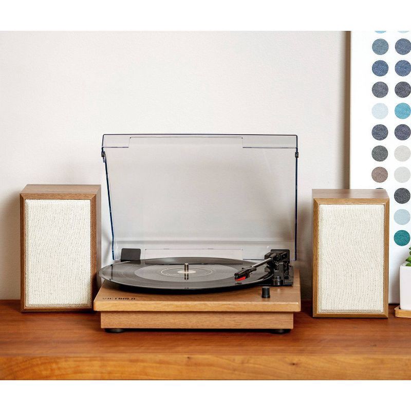 slide 12 of 13, Victrola The Kingfield Bluetooth Record Player Shelf System with Bookshelf Speakers: Belt Drive, 3-Speed, 3.5mm Jack, 1 ct