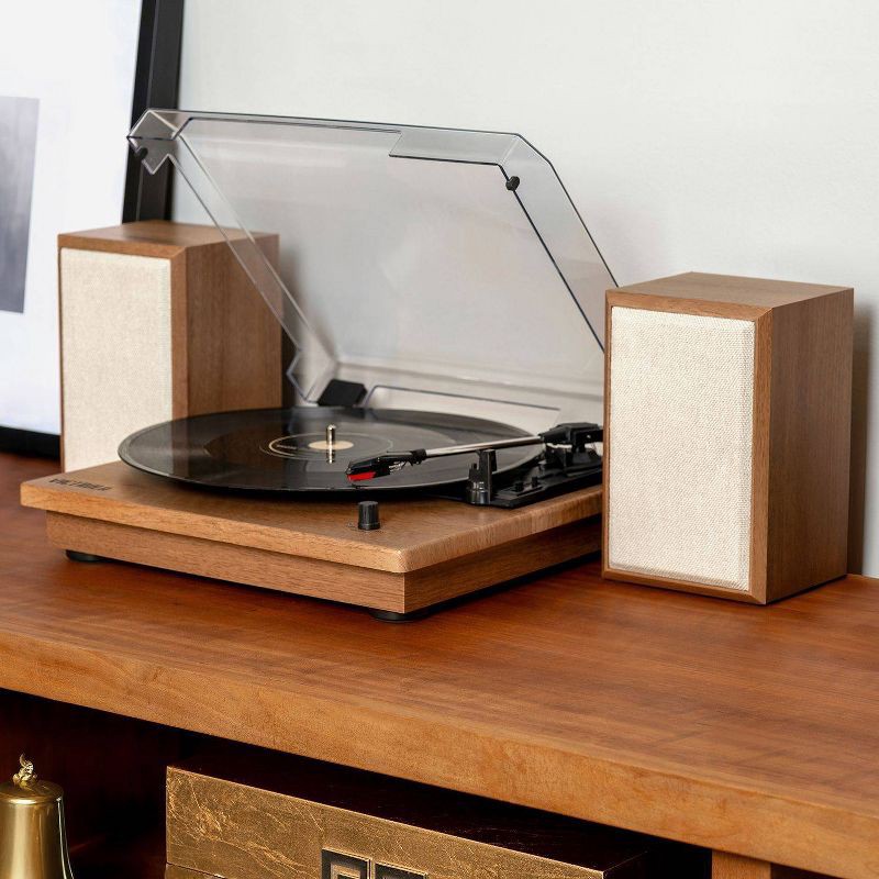 slide 10 of 13, Victrola The Kingfield Bluetooth Record Player Shelf System with Bookshelf Speakers: Belt Drive, 3-Speed, 3.5mm Jack, 1 ct