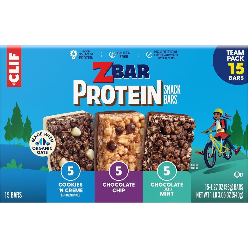 slide 2 of 13, CLIF ZBAR PROTEIN Chocolate Chip, Chocolate Mint Cookies and Crème Granola Bar Variety Pack Made with Organic Oats - 5g Protein - 19.05oz/15pk, 5 gram, 19.05 oz, 15 ct