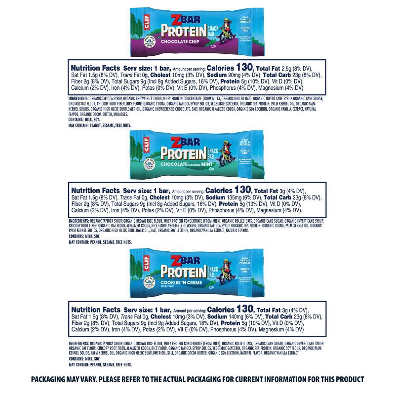 slide 4 of 13, CLIF ZBAR PROTEIN Chocolate Chip, Chocolate Mint Cookies and Crème Granola Bar Variety Pack Made with Organic Oats - 5g Protein - 19.05oz/15pk, 5 gram, 19.05 oz, 15 ct