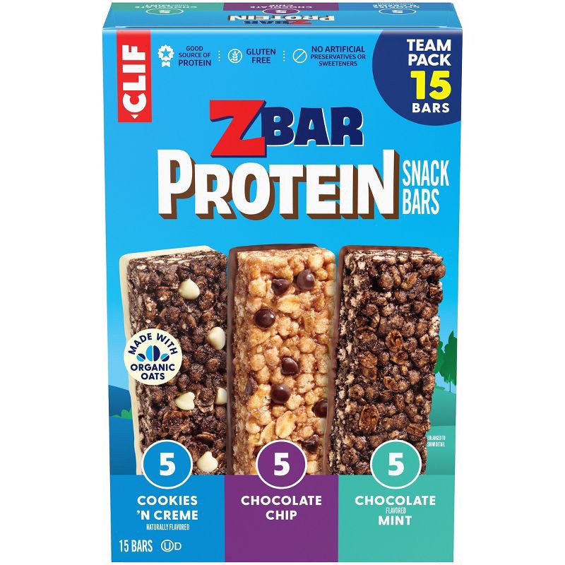 slide 1 of 13, CLIF ZBAR PROTEIN Chocolate Chip, Chocolate Mint Cookies and Crème Granola Bar Variety Pack Made with Organic Oats - 5g Protein - 19.05oz/15pk, 5 gram, 19.05 oz, 15 ct