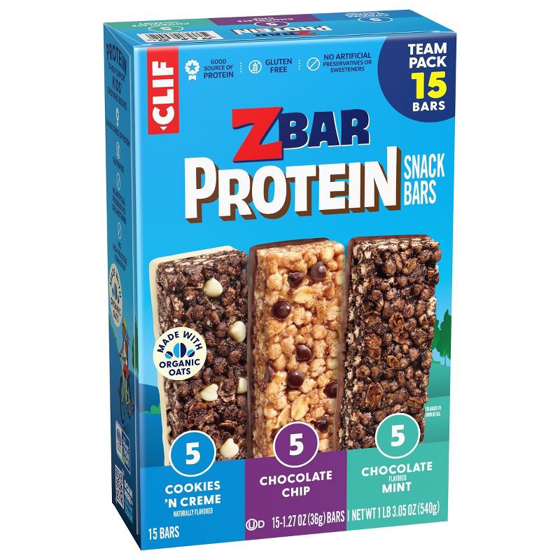 slide 8 of 13, CLIF ZBAR PROTEIN Chocolate Chip, Chocolate Mint Cookies and Crème Granola Bar Variety Pack Made with Organic Oats - 5g Protein - 19.05oz/15pk, 5 gram, 19.05 oz, 15 ct