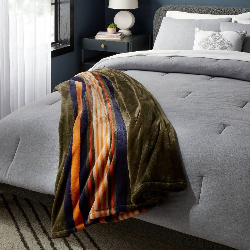 slide 2 of 3, Full/Queen Microplush Blanket Green Border Stripe - Threshold™, 1 ct