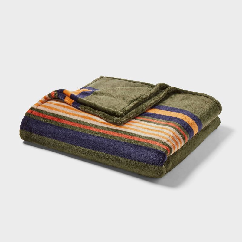 slide 1 of 3, King Microplush Blanket Green Border Stripe - Threshold™, 1 ct