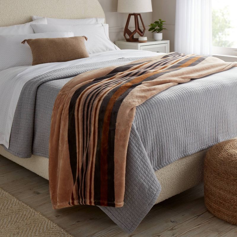 slide 2 of 3, Full/Queen Microplush Blanket Khaki Border Stripe - Threshold™, 1 ct