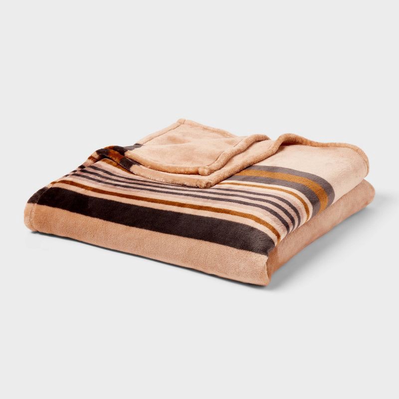 slide 1 of 3, Full/Queen Microplush Blanket Khaki Border Stripe - Threshold™, 1 ct