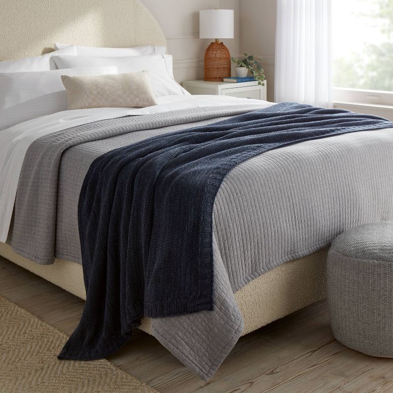 slide 2 of 3, Full/Queen Knit Blanket Navy - Threshold™, 1 ct
