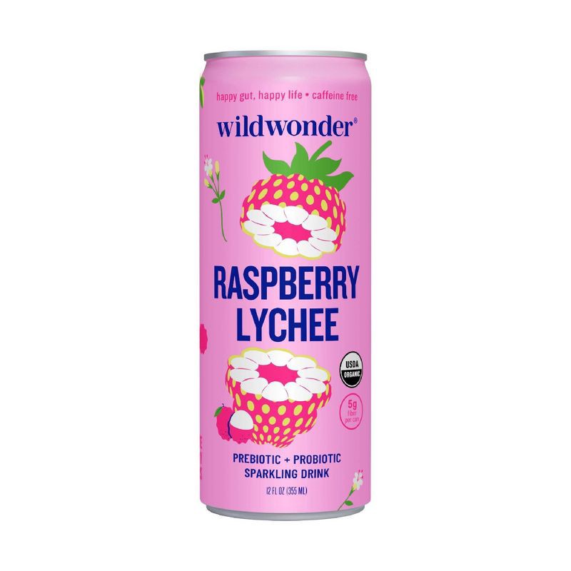 slide 1 of 7, wildwonder Raspberry Lychee Organic Prebiotic + Probiotic Sparkling Drink - 12 fl oz, 12 fl oz