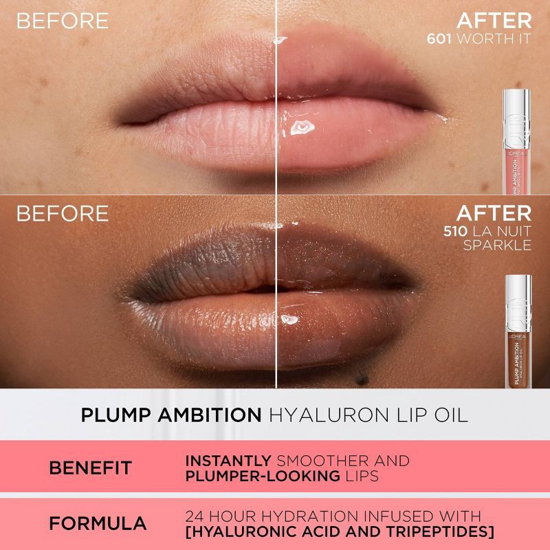 slide 9 of 10, L'Oreal Paris Plump Ambition Hyaluron Lip Oil Plumping Lip Gloss - Cherry Cherie - 0.16 fl oz, 0.16 fl oz