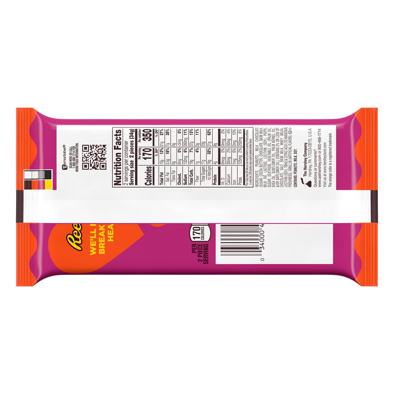 slide 7 of 9, Reese's Milk Chocolate Snack Size Peanut Butter Hearts, Valentine's Candy Packs, 0.6 oz (4 Count), 0.6 oz